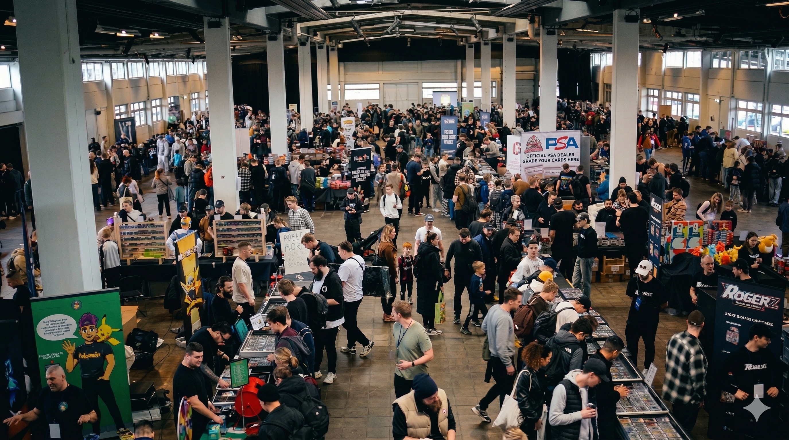 Large indoor Pokémon and trading card event with people and booths in a spacious building