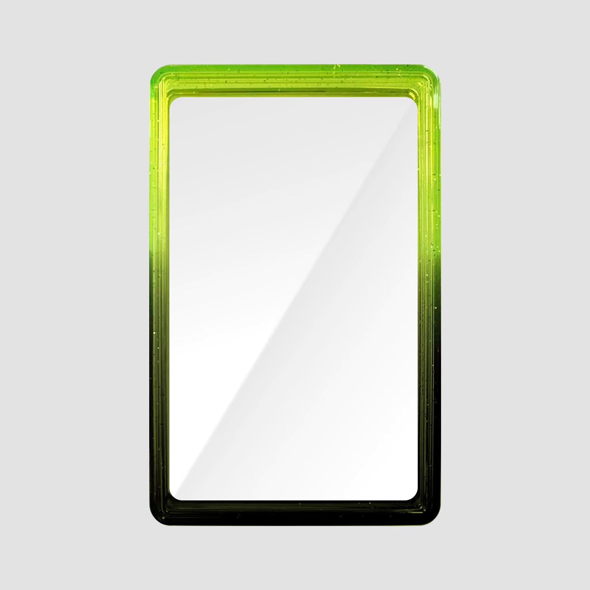 Green-framed trading card case on a white background