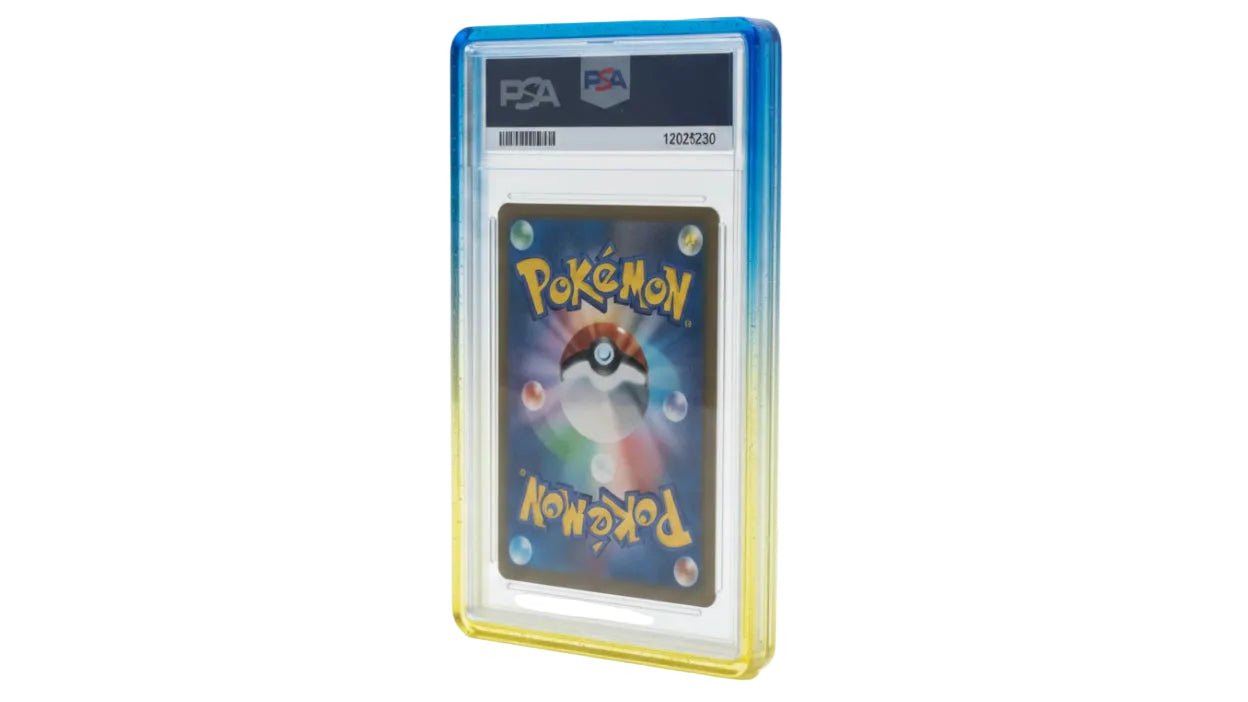 Pokémon trading card in a PSA protective case on a white background