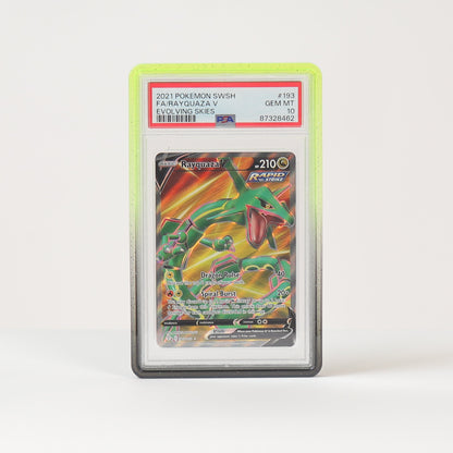 A graded holographic Pokémon TCG card, specifically a 2021 TCG Masters #193 Dragon, encapsulated in a PSA grading slab and standing upright on a white surface against a light gray background.
