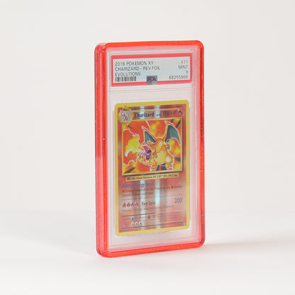 A graded Pokémon TCG card in a clear PSA-style slab with a red border, standing upright on a white surface against a white background.