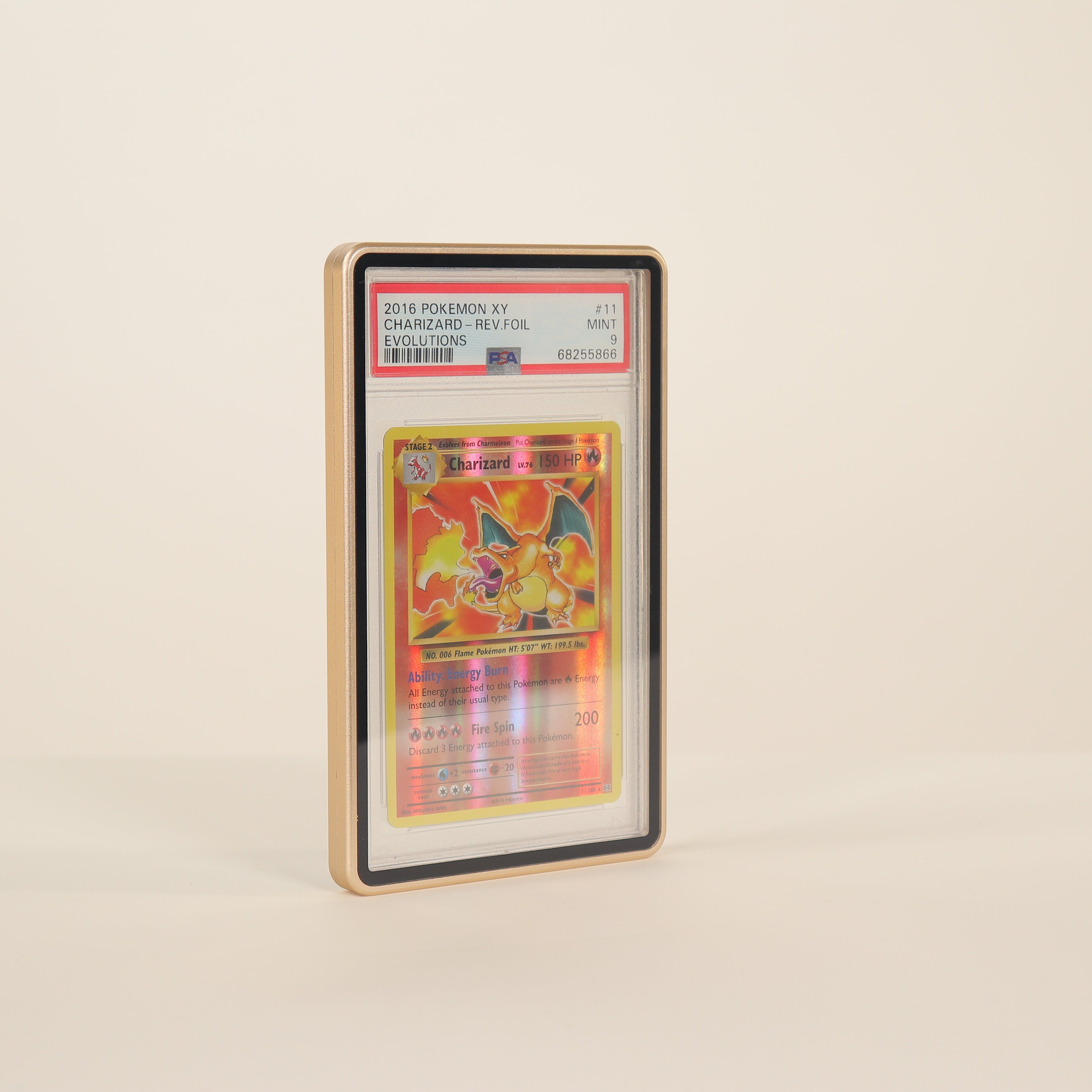 Trading card in a protective frame on a beige background